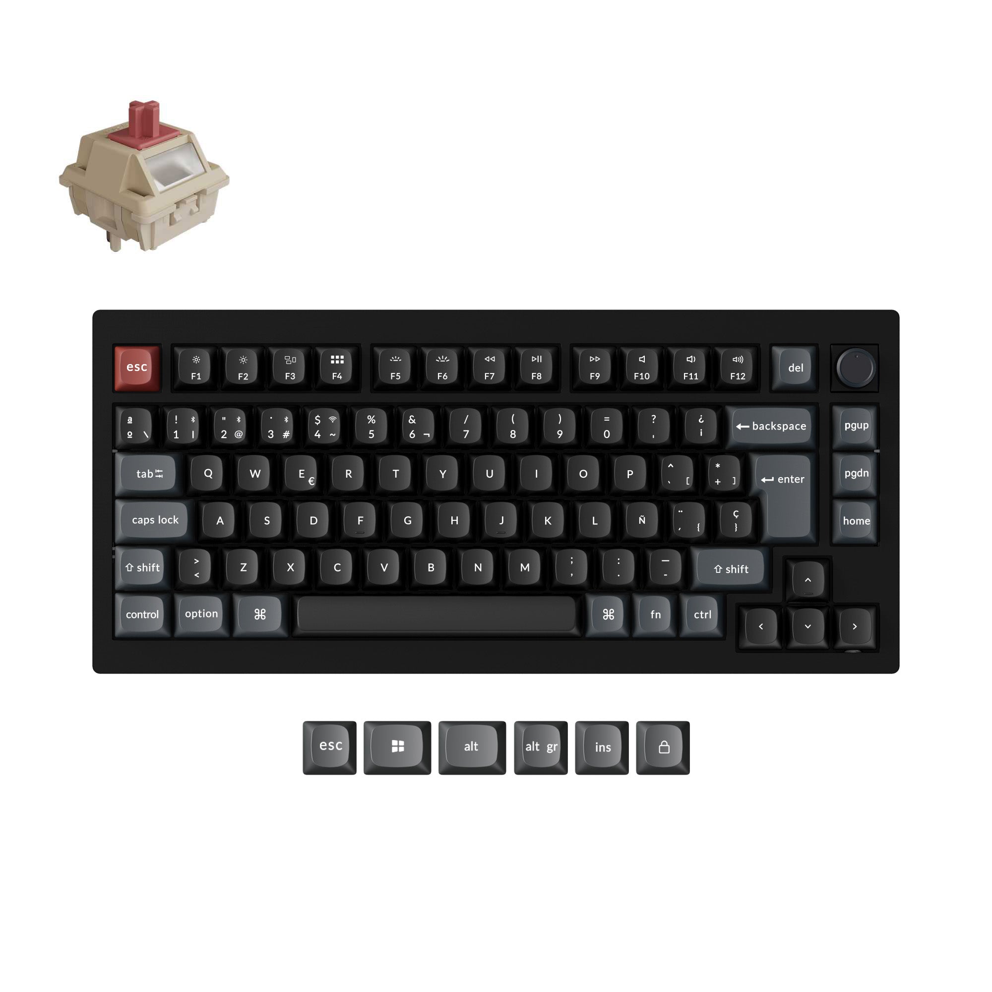 Black mechanical keyboard with keycaps on a white background
